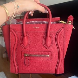 Celine Nano Luggage in Red Pebble Leather